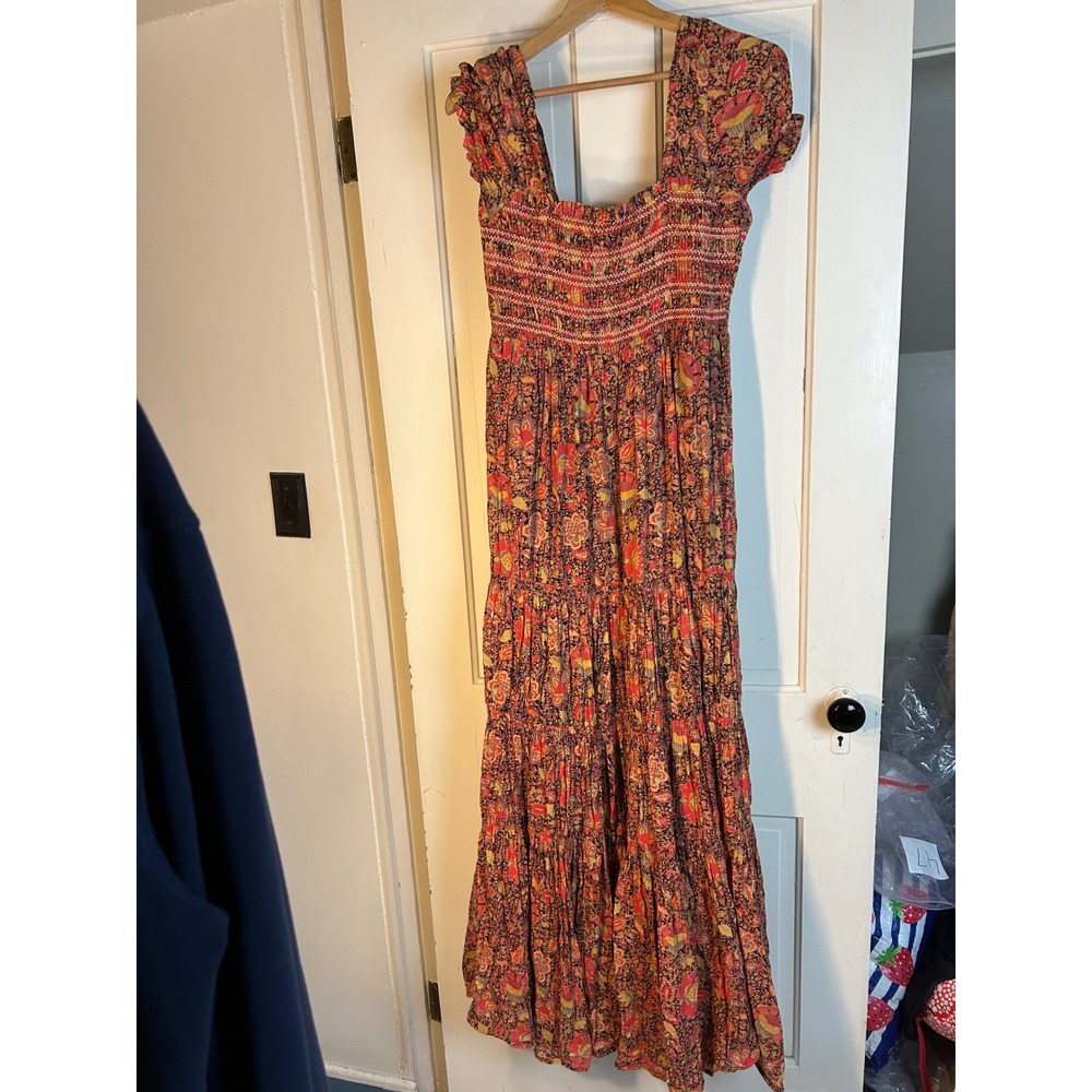 Free People Getaway Tiered Maxi Dress Red Floral Smocked Boho Medium - Picture 2 of 5